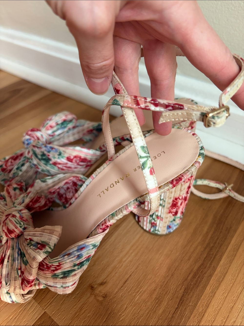Loeffler Randall Camellia Pleated Bow Heel Sandals Floral Strappy - Picture 5 of 12
